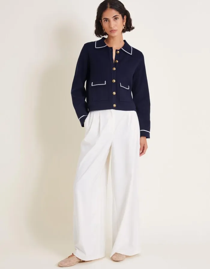Monsoon Nicki Collar Knit Jacket Blue Women Cardigans Monsoon Nicki Collar Knit Jacket Blue Women Cardigans