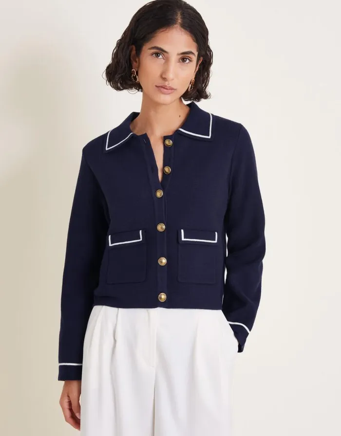 Monsoon Nicki Collar Knit Jacket Blue Women Cardigans Monsoon Nicki Collar Knit Jacket Blue Women Cardigans