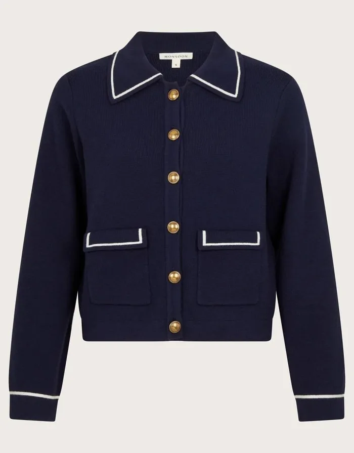 Monsoon Nicki Collar Knit Jacket Blue Women Cardigans Monsoon Nicki Collar Knit Jacket Blue Women Cardigans