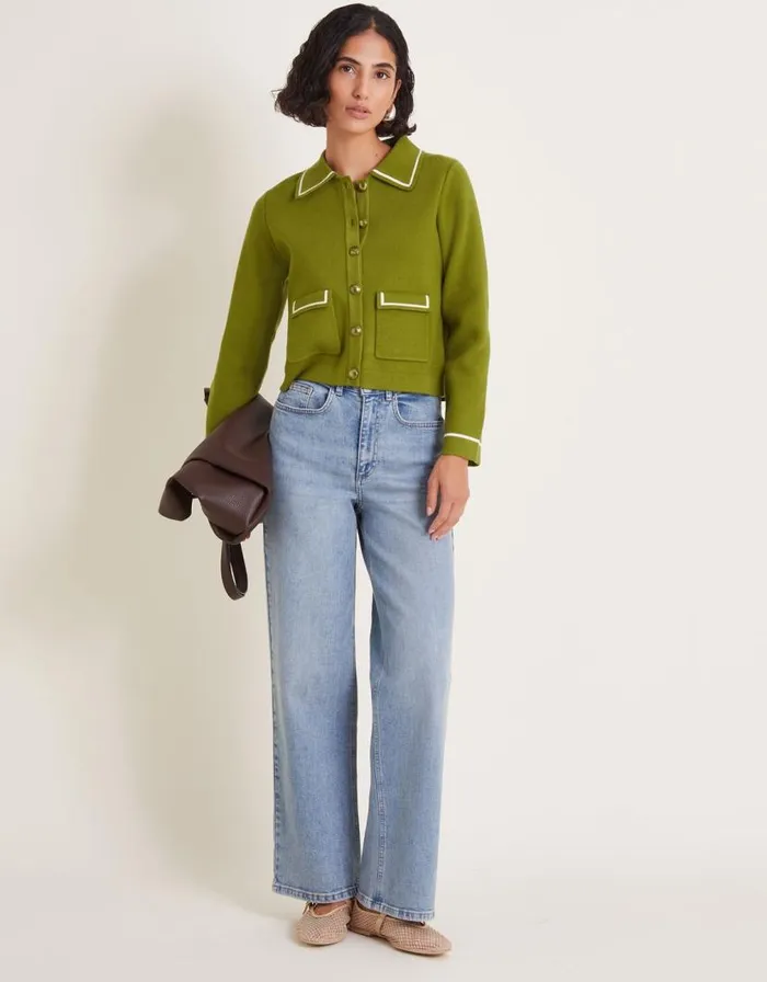 Monsoon Nicki Collar Knit Jacket Green Women Cardigans Monsoon Nicki Collar Knit Jacket Green Women Cardigans