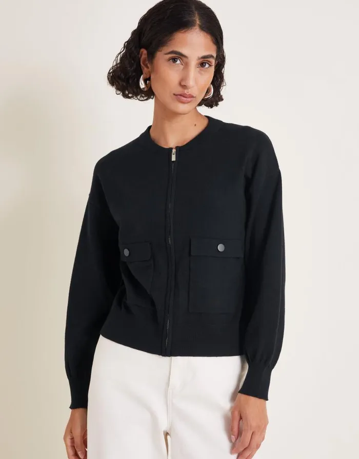 Monsoon Nora Knit Bomber Jacket Black Women Cardigans