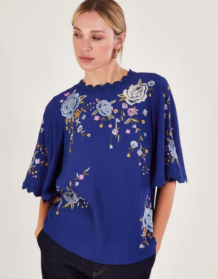 Monsoon Olla Embroidered Floral Kimono Top Blue Women Tops and Blouses