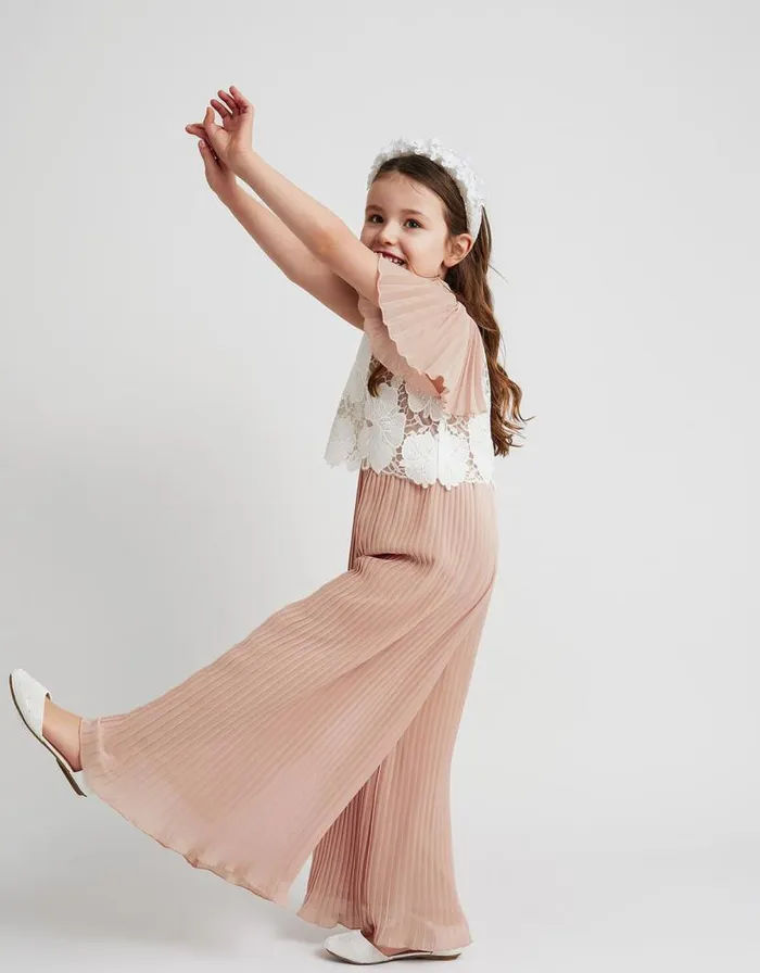 Monsoon Otissa Pleated Lace Jumpsuit Pink Children Partywear