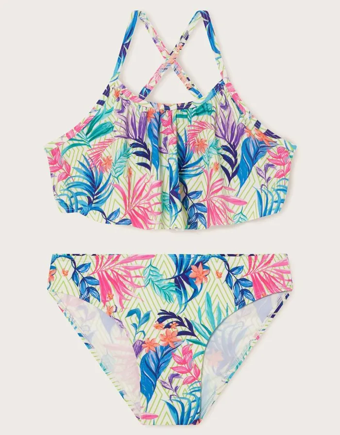 Monsoon Palm Print Frill Bikini Set Ivory Children Beachwear and Swimwear