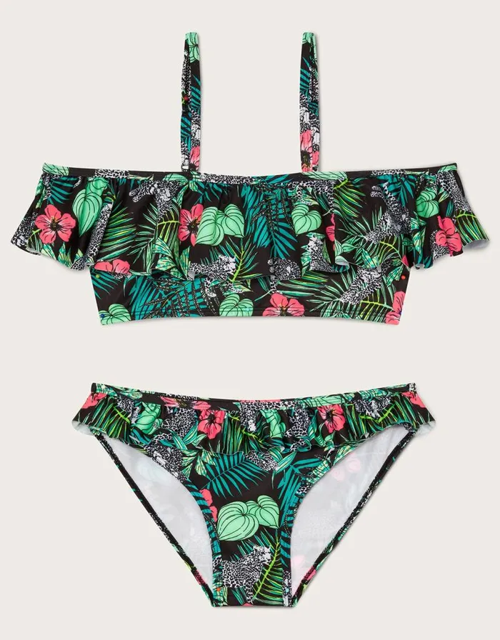 Monsoon Palm Print Frill Bikini Set Multi Children Beachwear and Swimwear