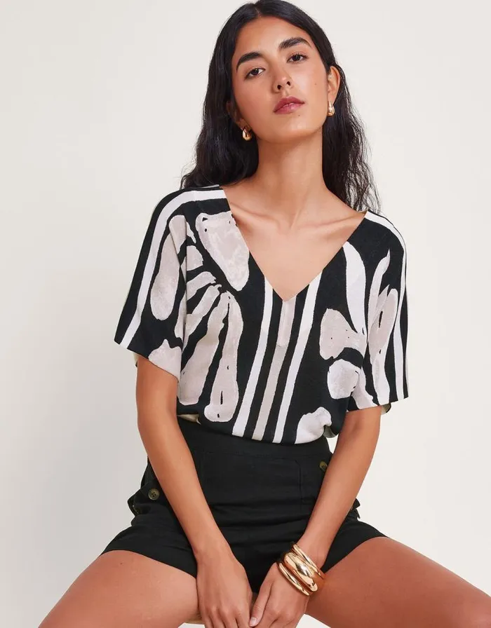 Monsoon Palm Print Knit Top Black Women Knitwear Monsoon Palm Print Knit Top Black Women Knitwear