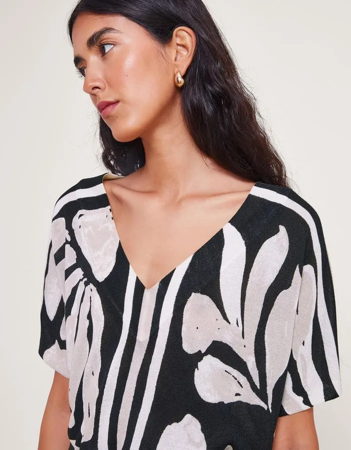 Monsoon Palm Print Knit Top Black Women Knitwear Monsoon Palm Print Knit Top Black Women Knitwear