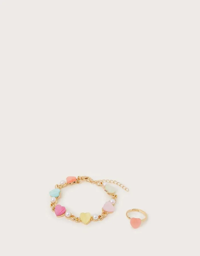 Monsoon Pearly Heart Bracelet And Ring Set Children Girls039 Jewellery