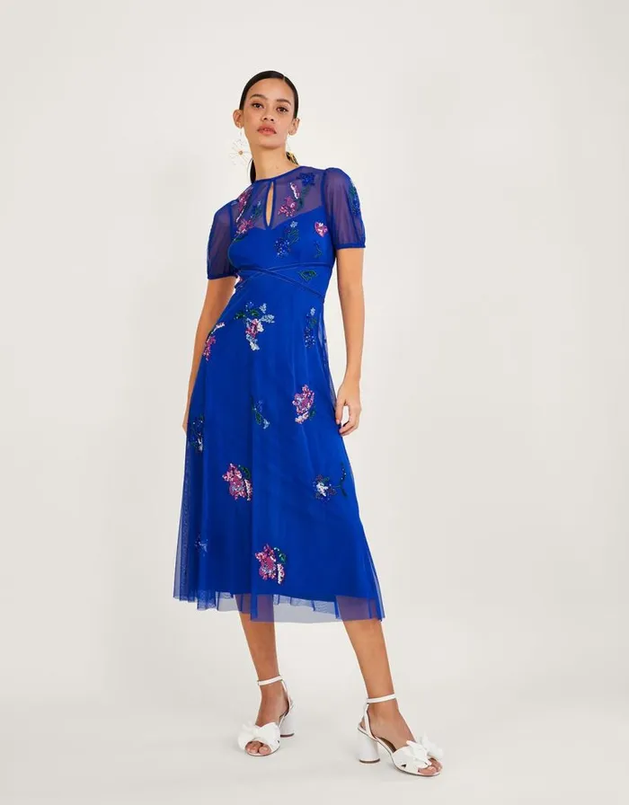 Monsoon Phoebe Embellished Midi Dress In Recycled Polyester Blue Women Occasionwear