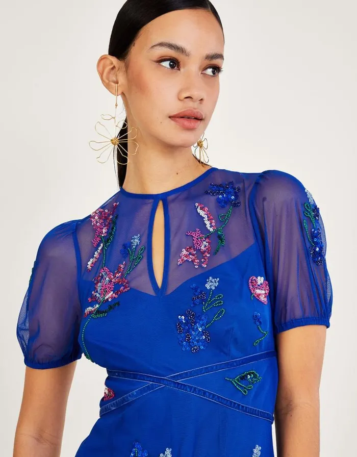 Monsoon Phoebe Embellished Midi Dress In Recycled Polyester Blue Women Occasionwear Monsoon Phoebe Embellished Midi Dress In Recycled Polyester Blue Women Occasionwear