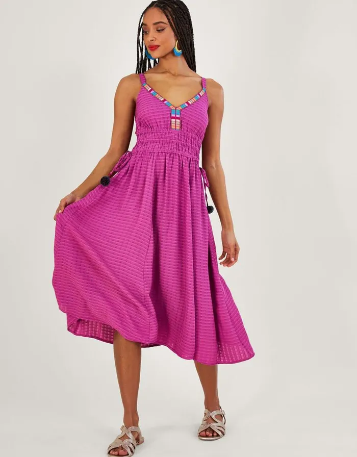 Monsoon Plain Textured Tape Midi Dress Women Beachwear and Swimwear