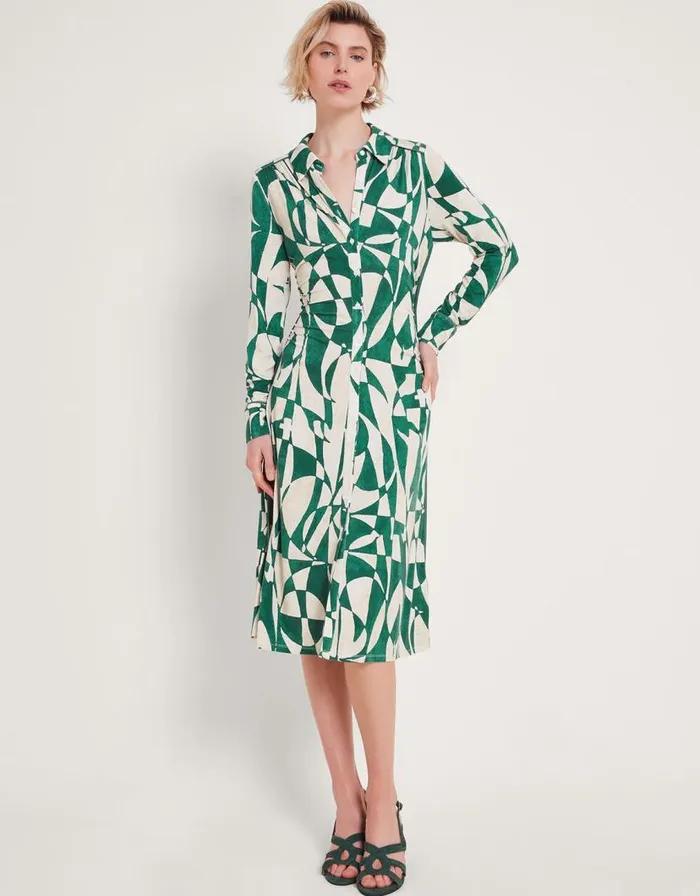 Monsoon Print Shirt Dress Green Women Midi Dresses