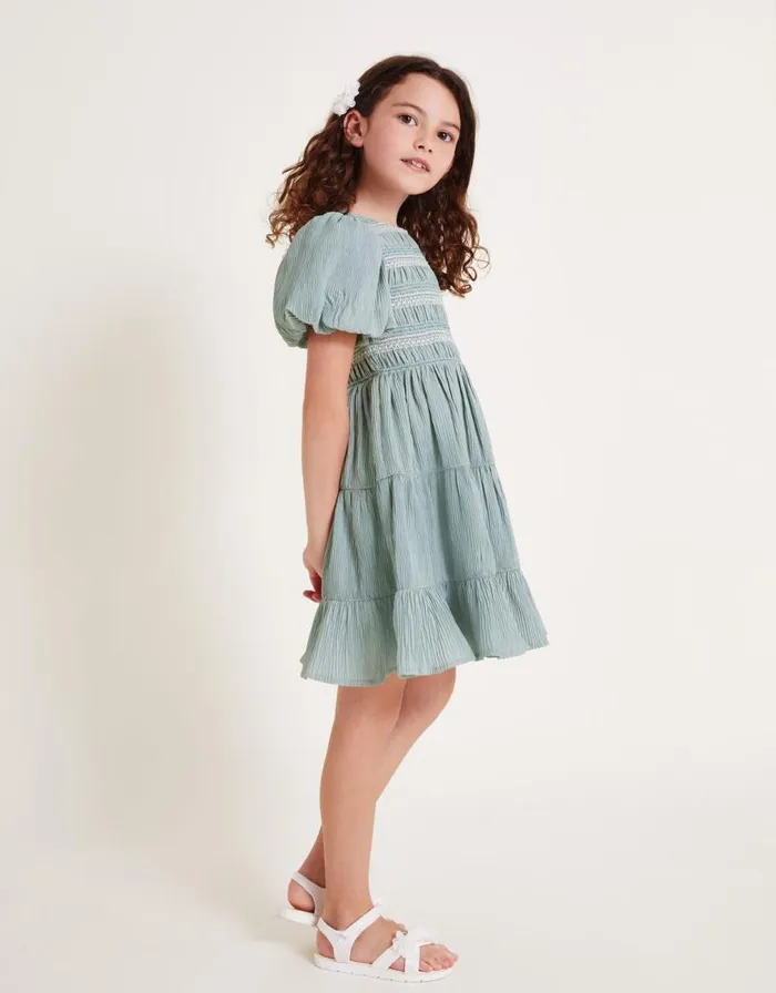 Monsoon Puff Sleeve Shirred Dress Green Children Dresses
