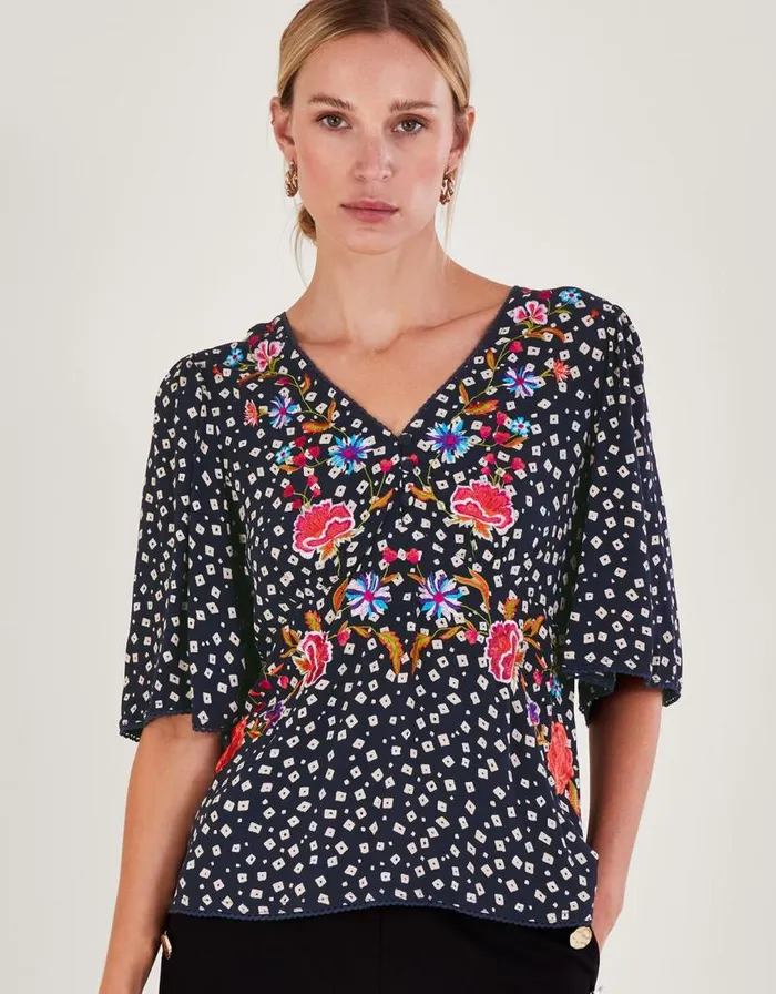 Monsoon Rory Embroidered Tea Top Blue Women Tops and Blouses