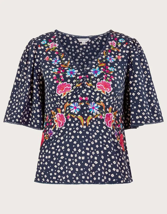 Monsoon Rory Embroidered Tea Top Blue Women Tops and Blouses Monsoon Rory Embroidered Tea Top Blue Women Tops and Blouses