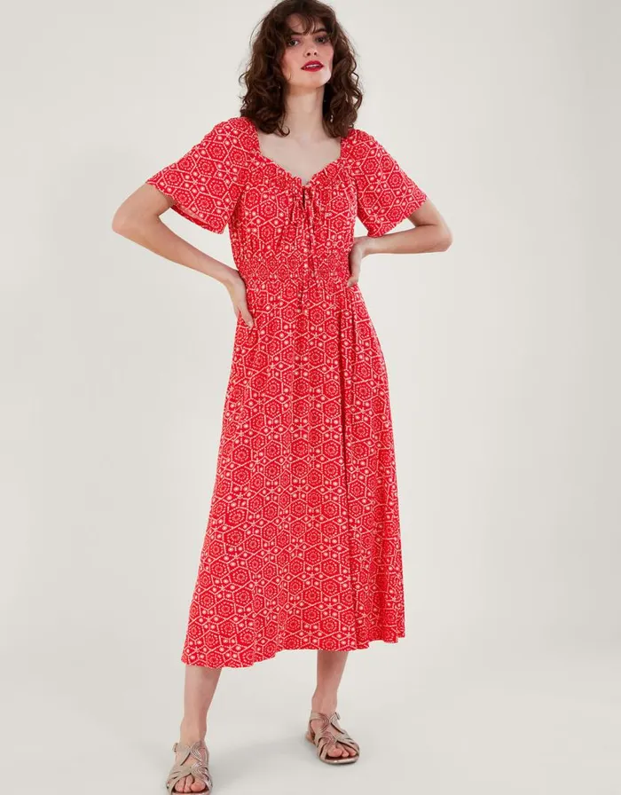 Monsoon Sainy Geometric Print Dress Red Women Midi Dresses
