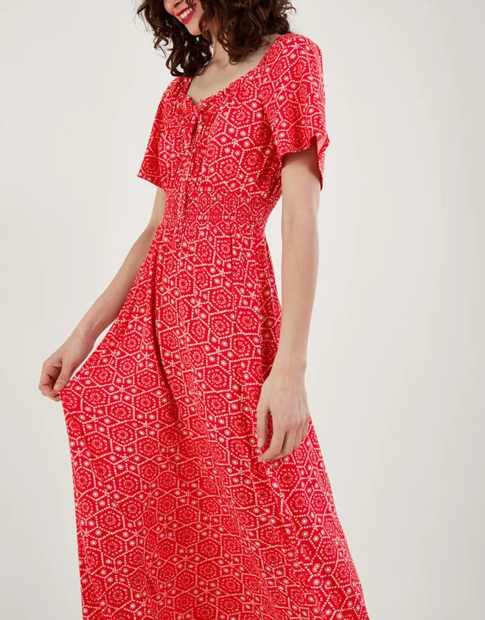 Monsoon Sainy Geometric Print Dress Red Women Midi Dresses Monsoon Sainy Geometric Print Dress Red Women Midi Dresses
