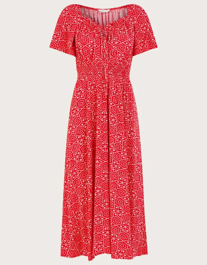 Monsoon Sainy Geometric Print Dress Red Women Midi Dresses Monsoon Sainy Geometric Print Dress Red Women Midi Dresses
