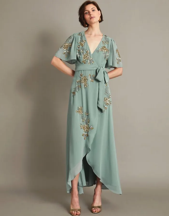 Monsoon Sarah Embellished Wrap Dress Green Women Occasionwear