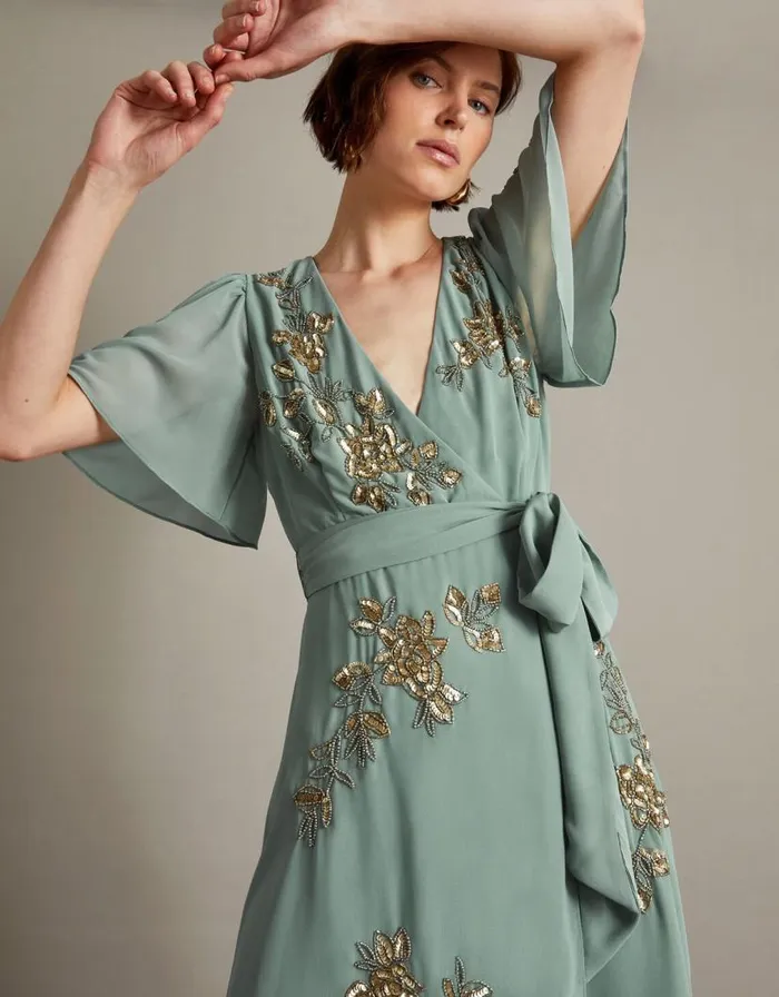 Monsoon Sarah Embellished Wrap Dress Green Women Occasionwear Monsoon Sarah Embellished Wrap Dress Green Women Occasionwear