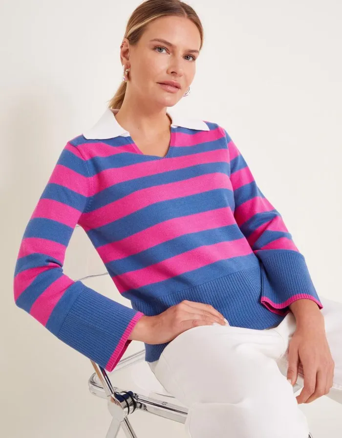 Monsoon Shay Stripe Collared Jumper Pink Women Knitwear