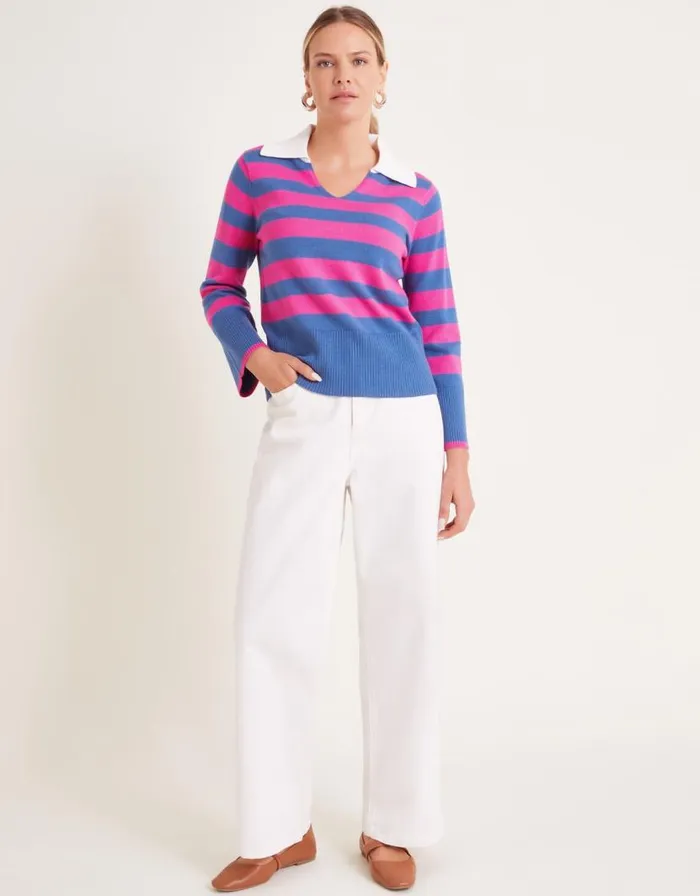 Monsoon Shay Stripe Collared Jumper Pink Women Knitwear Monsoon Shay Stripe Collared Jumper Pink Women Knitwear