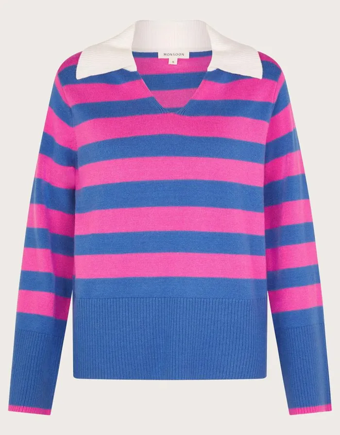 Monsoon Shay Stripe Collared Jumper Pink Women Knitwear Monsoon Shay Stripe Collared Jumper Pink Women Knitwear