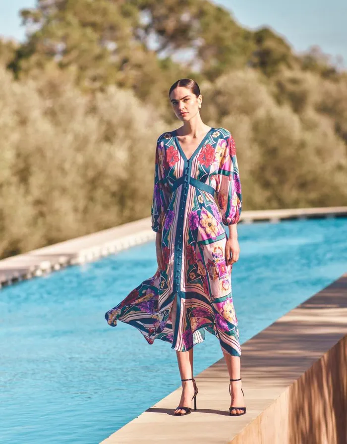 Monsoon Shibby Tea Dress Teal Women Midi Dresses
