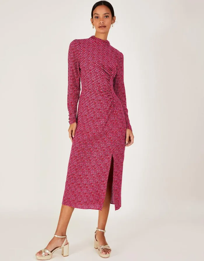 Monsoon Signy Geometric Print Midi Dress Red Women Day Dresses
