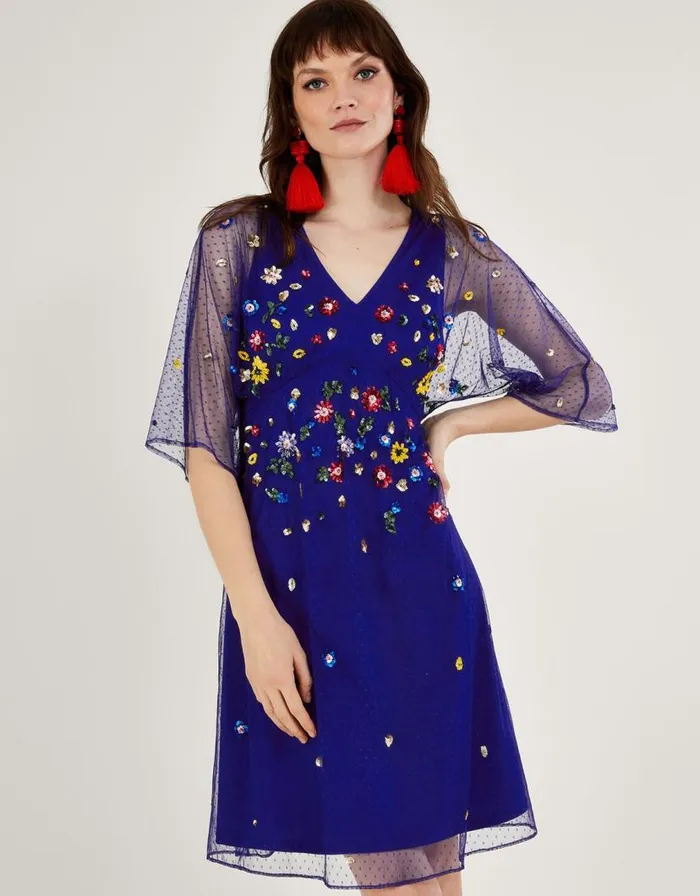 Monsoon Stephanie Embellished Dress Blue Women Occasionwear