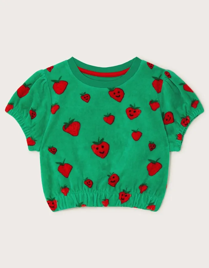 Monsoon Strawberry Print Velour Top Green Children Casualwear Collection