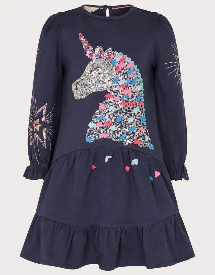 Monsoon Unicorn Sweat Dress Blue Children Dresses