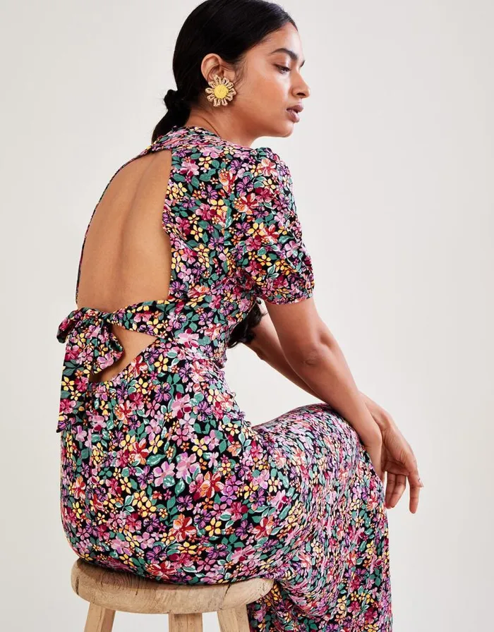 Monsoon Vintage Floral Jersey Dress Black Women Midi Dresses