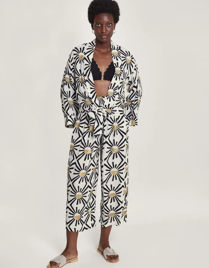 Monsoon Zamora Geometric Trousers White Women Beachwear and Swimwear