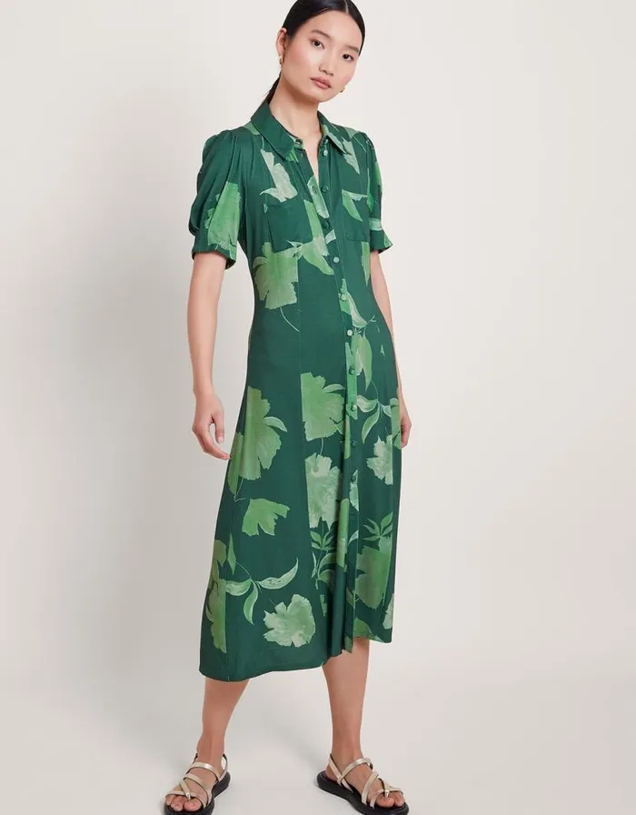 Monsoon Zannah Print Shirt Dress Green Women Occasionwear