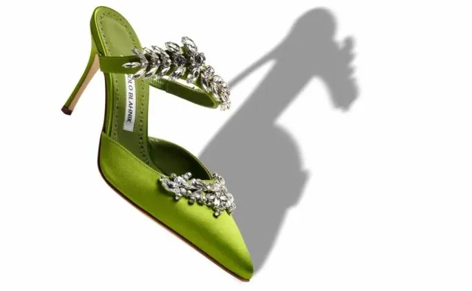 Mules Women Manolo Blahnik LURUMLight Green Satin Crystal Embellished Mules