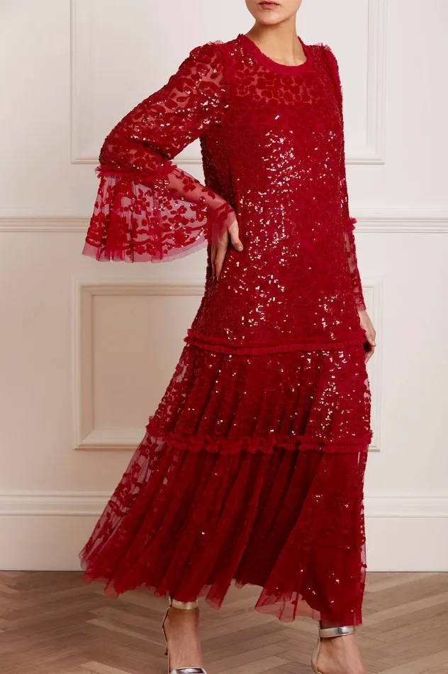 Needle and Thread Annie Sequin Tiered Ankle Gown Red Women Exclusives