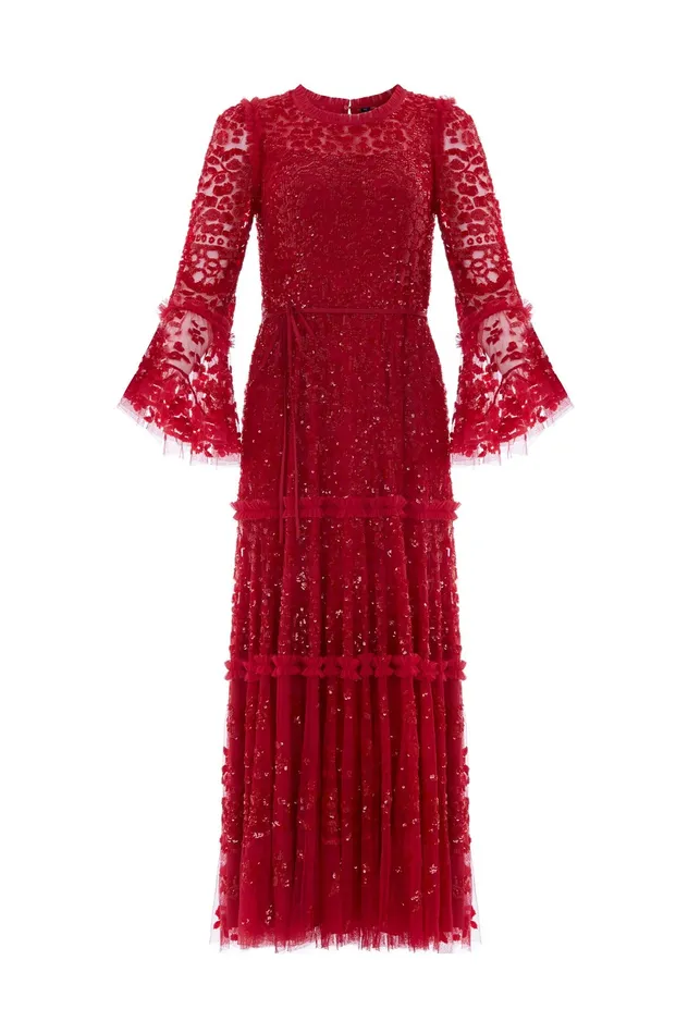 Needle and Thread Annie Sequin Tiered Ankle Gown Red Women Exclusives