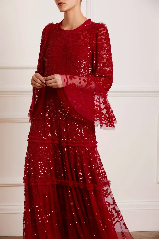 Needle and Thread Annie Sequin Tiered Ankle Gown Red Women Exclusives
