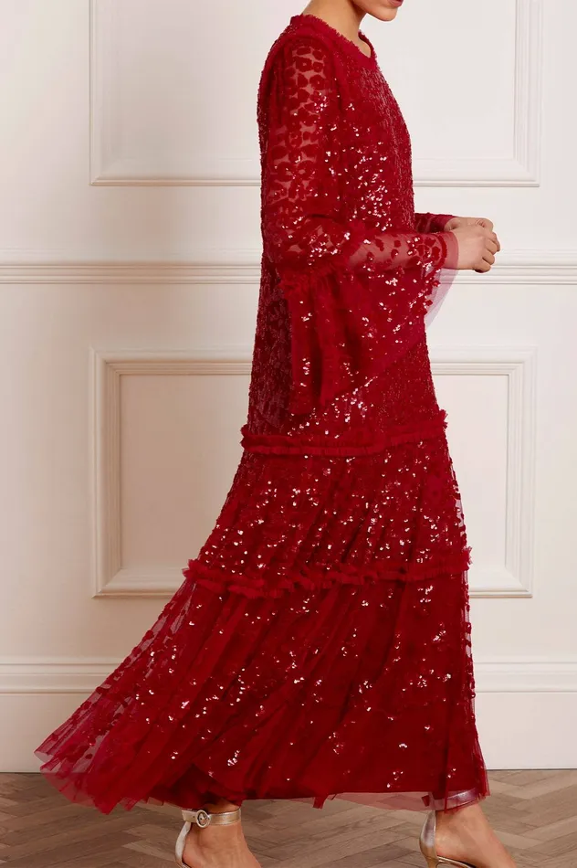 Needle and Thread Annie Sequin Tiered Ankle Gown Red Women Exclusives
