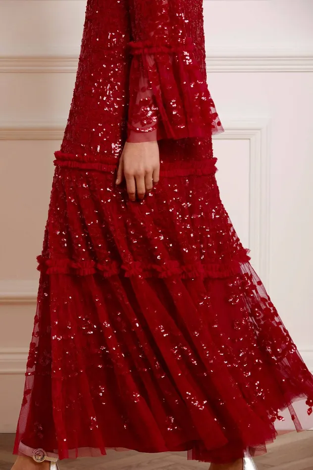 Needle and Thread Annie Sequin Tiered Ankle Gown Red Women Exclusives