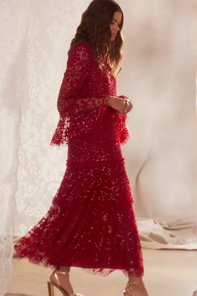 Needle and Thread Annie Sequin Tiered Ankle Gown Red Women Exclusives