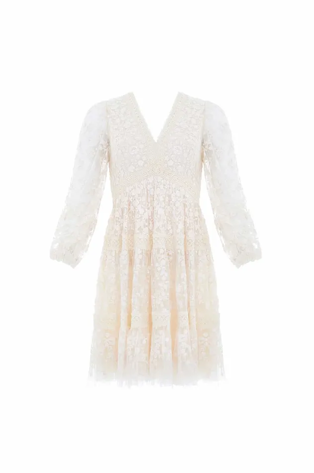 Needle and Thread Celestia Ribbon Mini Dress Champagne Women Embroidered Dresses