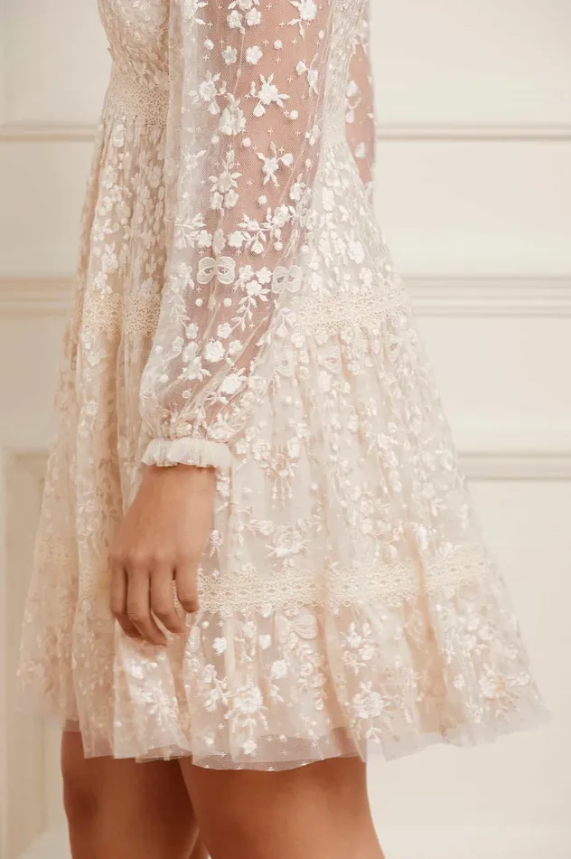 Needle and Thread Celestia Ribbon Mini Dress Champagne Women Embroidered Dresses