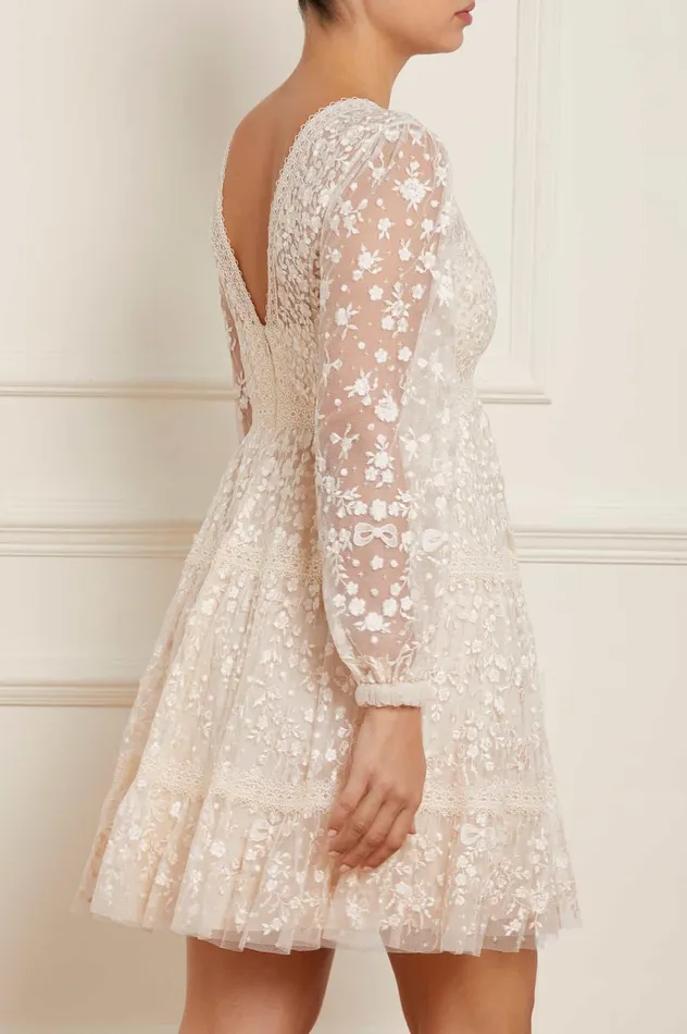 Needle and Thread Celestia Ribbon Mini Dress Champagne Women Embroidered Dresses
