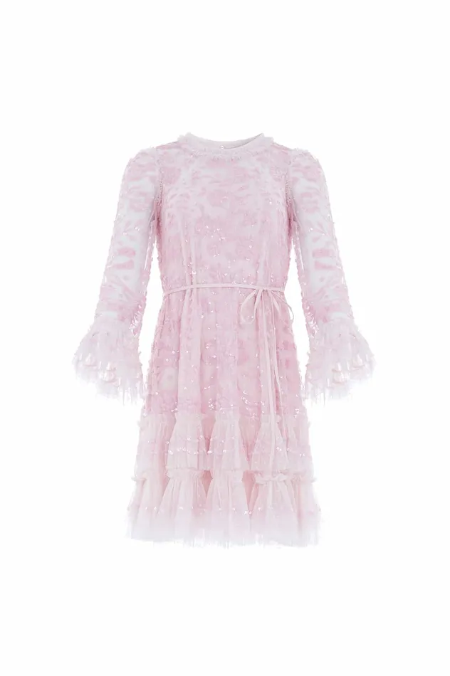 Needle and Thread Celia Long Sleeve Mini Dress Pink Women Embellished Dresses