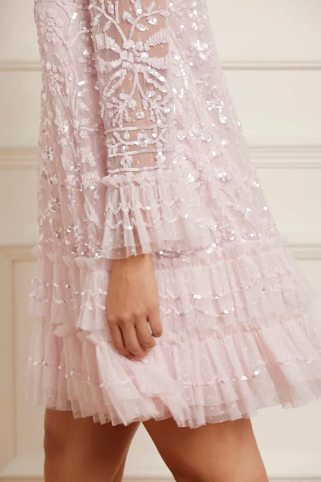 Needle and Thread Celia Long Sleeve Mini Dress Pink Women Embellished Dresses