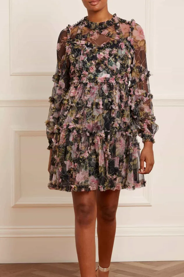 Needle and Thread English Rose Diamond Ruffle Mini Dress Black Women Printed Dresses