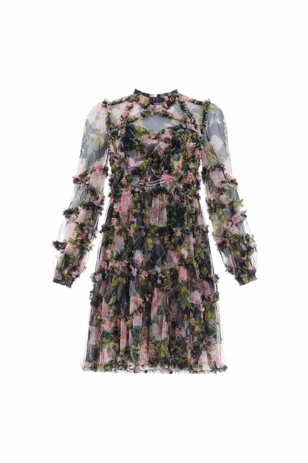 Needle and Thread English Rose Diamond Ruffle Mini Dress Black Women Printed Dresses