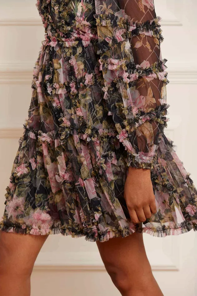 Needle and Thread English Rose Diamond Ruffle Mini Dress Black Women Printed Dresses